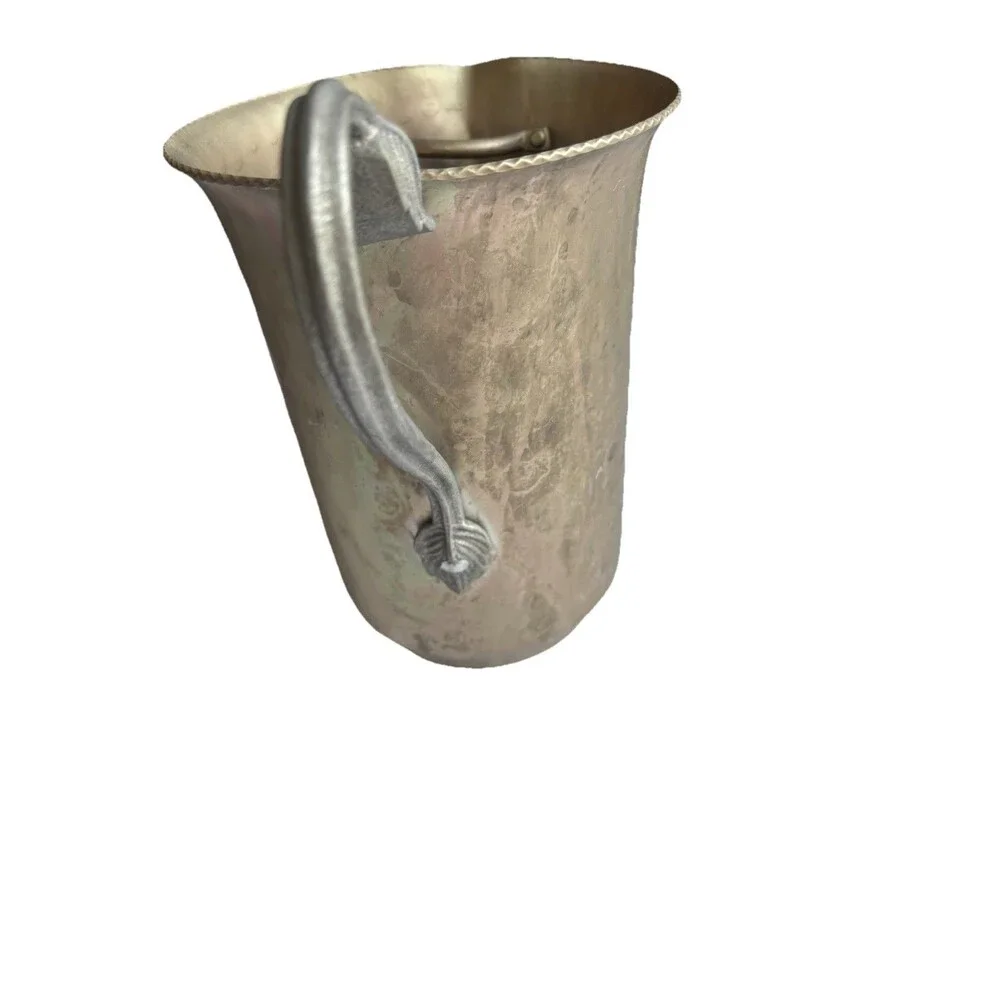 Vintage Hammered Aluminum Pitcher Leaf Pattern Handle With Ice Catcher
